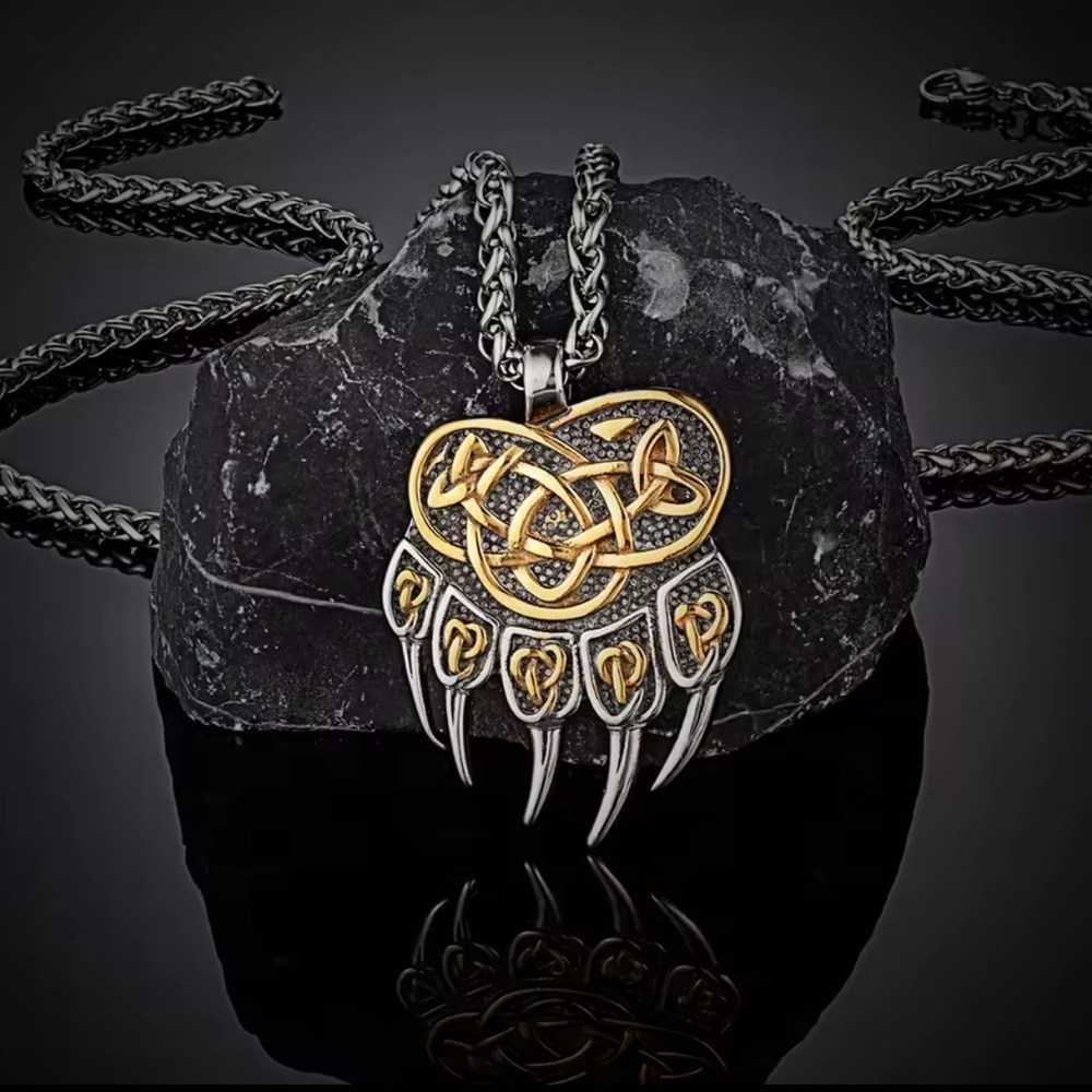 18K White & Gold Bear Claw Viking Celtic Pendant Necklace Witch Biker Unisex.